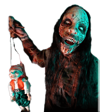 Horrifying doll face monster with his puppet on a transparent background.