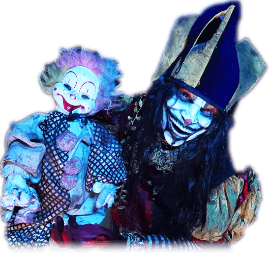 Devil joker and his puppet with an evil smile on a transparent background.