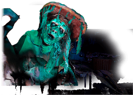Green Zombie with a planted hat in the Bay Area haunted house underground mines.
