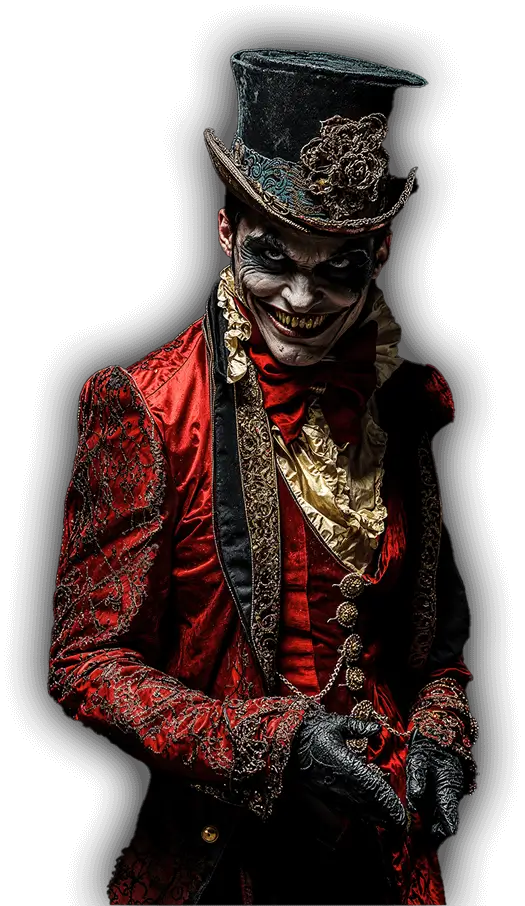 Ringmaster Villain Character – Bay Area Haunted Attraction Ringmaster clown villain in red suit from Fear Overload Scream Park