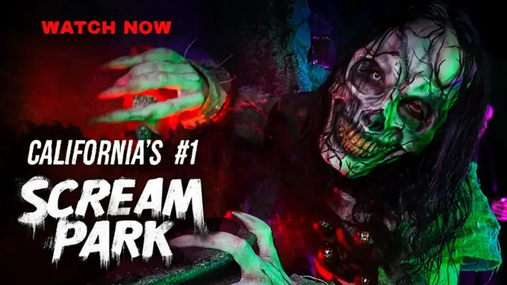Snarling zombie-clown reaches out in eerie red-green light beside text reading “California’s #1 Scream Park – Watch Now” for Bay Area haunt.