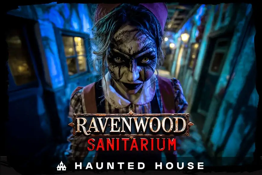 Ravenwood Sanitarium logo with creepy nurse character from haunted house SF