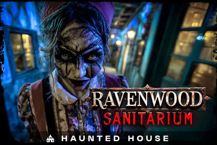 Ravenwood Sanitarium logo with creepy nurse character from haunted house SF