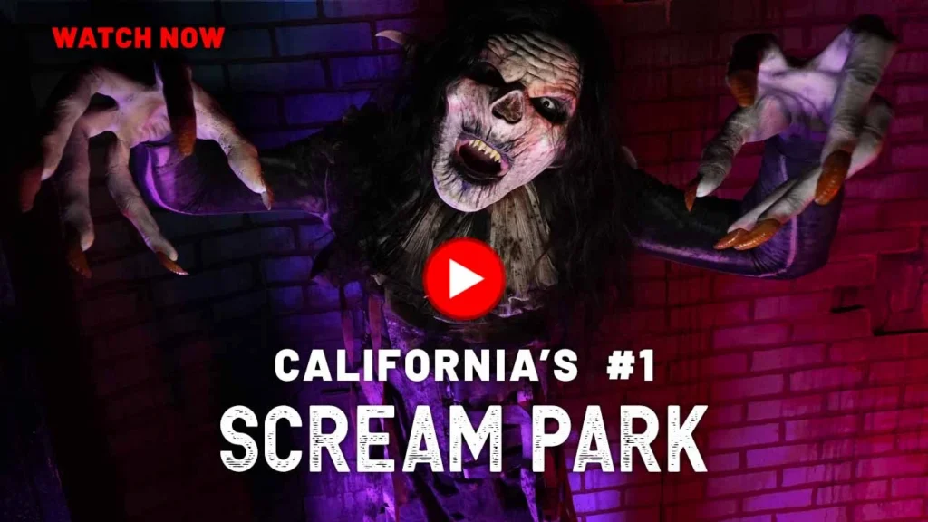 Snarling werewolf reaches out in eerie red-green light beside text reading “California’s #1 Scream Park – Watch Now” for Bay Area haunt.