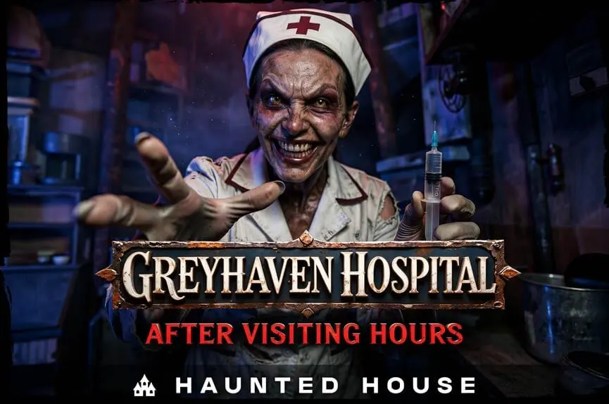A sinister, zombified nurse with a terrifying grin reaches forward with one hand while holding a large syringe in the other inside a dark medical room. The text reads "Greyhaven Hospital: After Visiting Hours. Haunted House."
